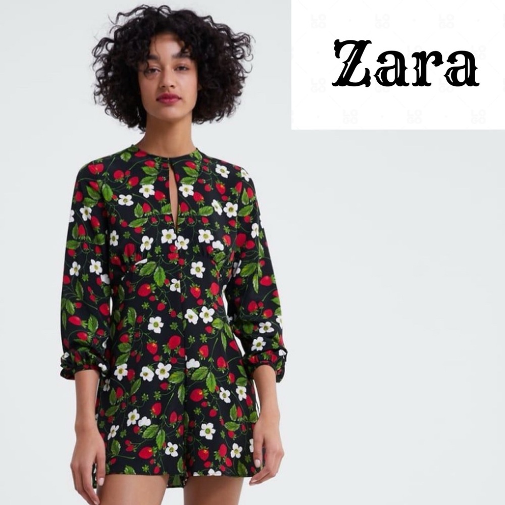 ZARA Strawberry Floral Black Red Long Sleeve Short Romper S